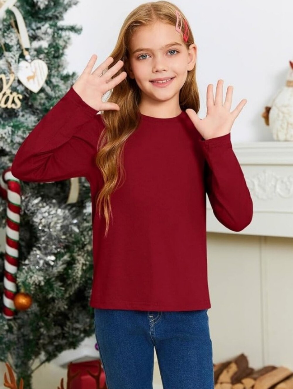 Girls Long Sleeve T Shirts Kids Fall Tops 5-14 Years Red